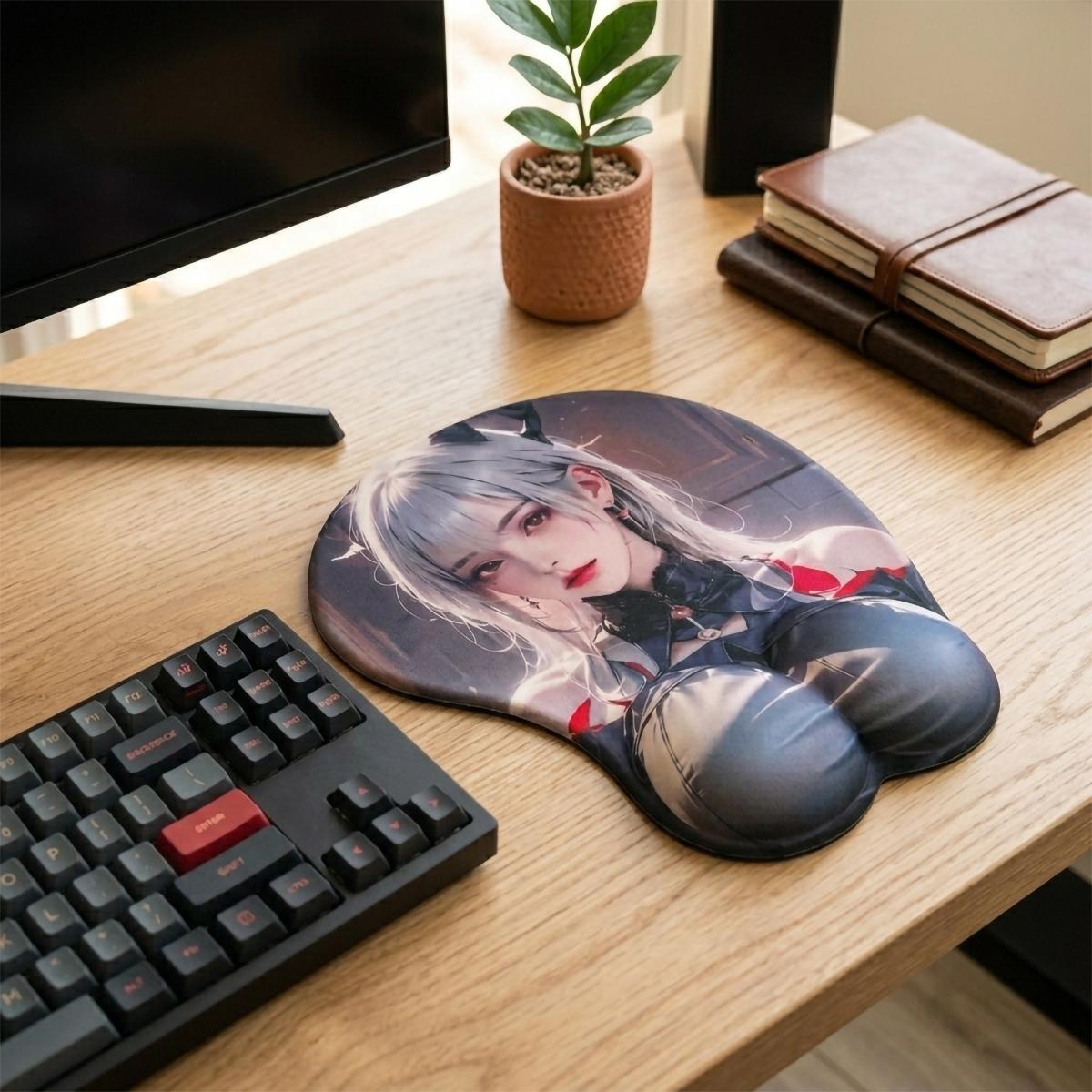 Anime Mouse Pad – Grey Haired Anime Girl with Blue Top