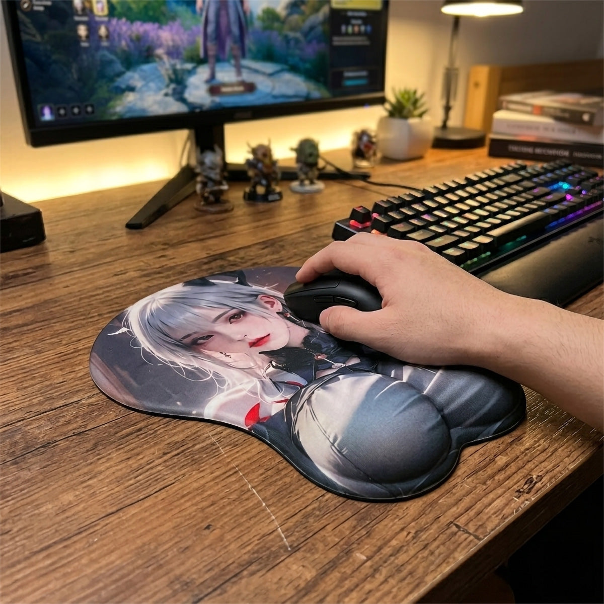 Anime Mouse Pad – Grey Haired Anime Girl with Blue Top