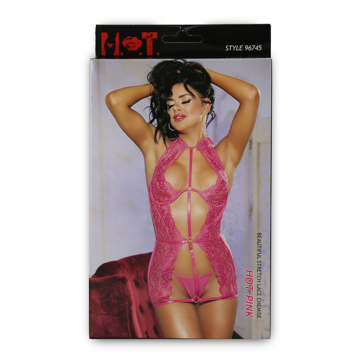 H.O.T - Beautiful Stretch Lace Chemise - Hot Pink - One Size