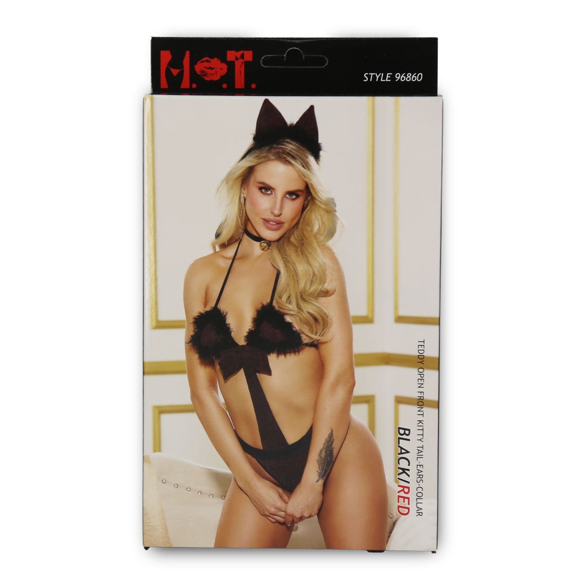 H.O.T - Teddy Open Front Kitty Tail-Ears-Collar - Black - One Size