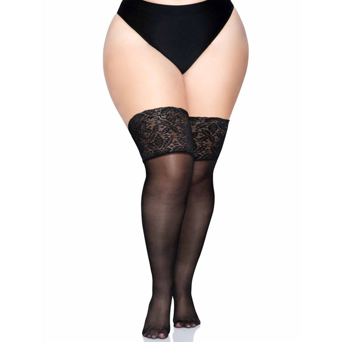 Leg Avenue™ - Spandex Sheer Thigh Highs With 5” Silicone Stay Up Lace Top – Black - Queen Size