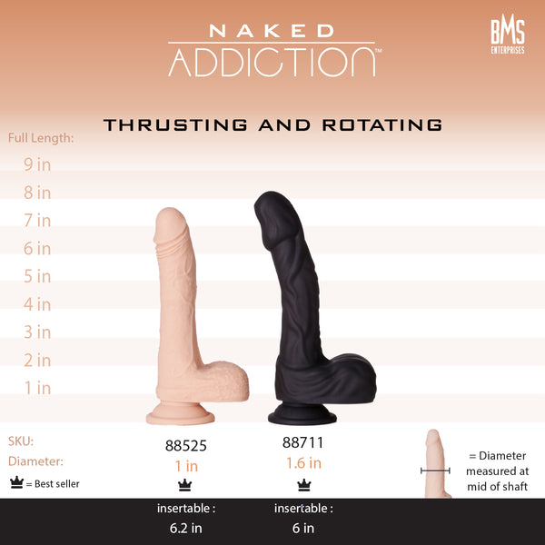 Naked Addiction – 8.6” Silicone Rotating & Thrusting Vibrating Dildo with Remote - Noir