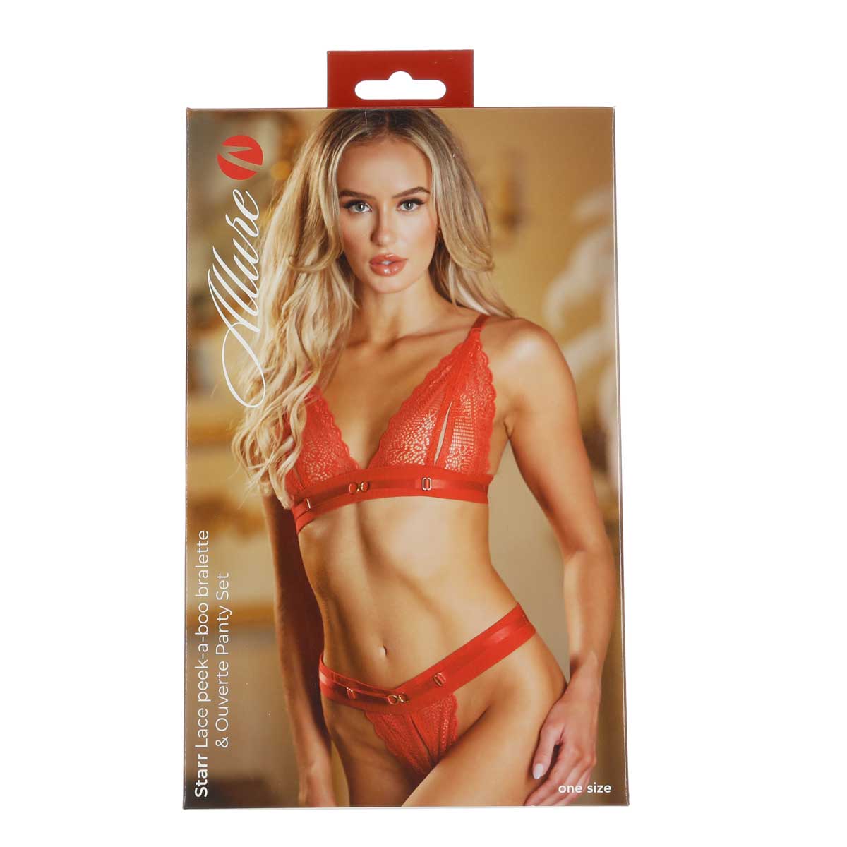 Allure - Starr - Lace Peek-A-Boo Bralette &amp; Ouverte Panty Set – Red – OS