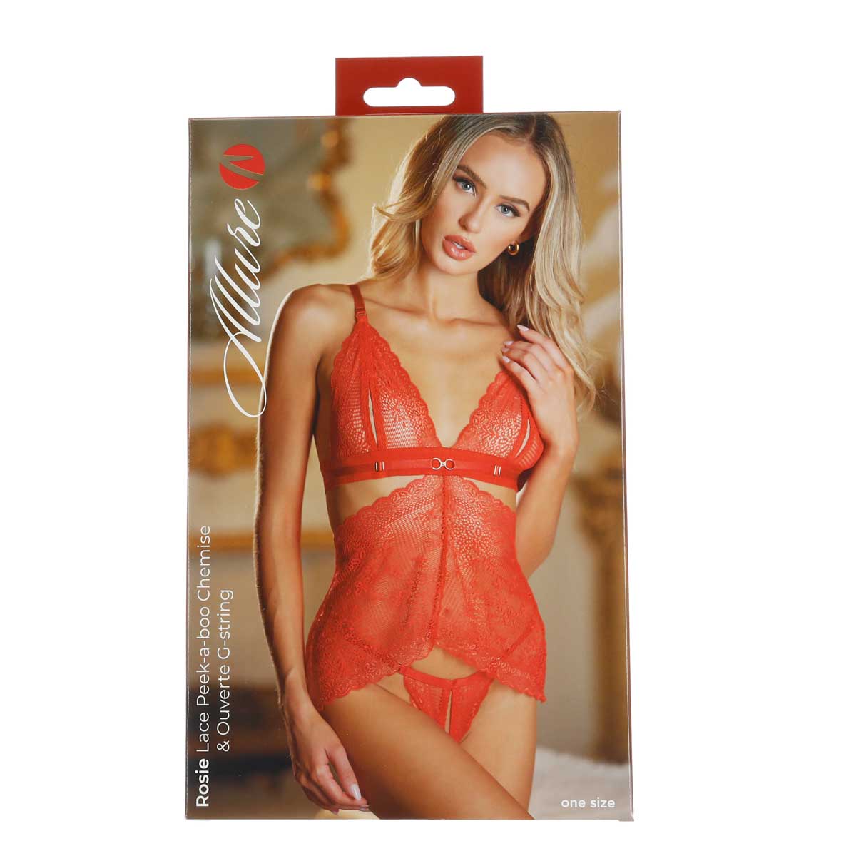 Allure - Rosie - Lace Peek-A-Boo Chemise &amp; Ouverte G-String – Red – OS