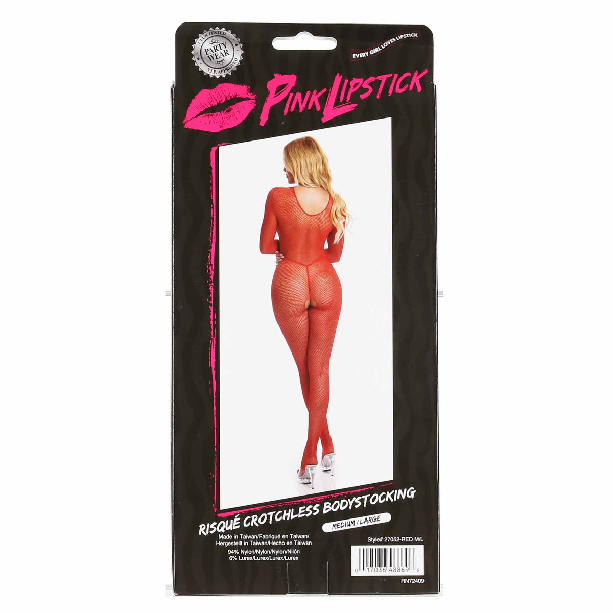 Pink Lipstick - Risque Crotchless Bodystocking - Red - M/L