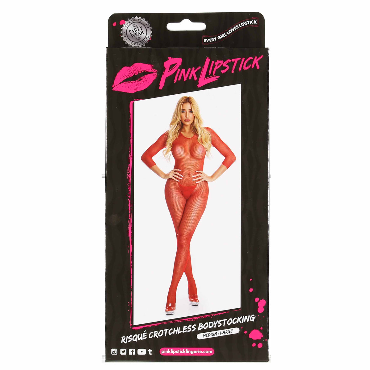 Pink Lipstick - Risque Crotchless Bodystocking - Red - M/L