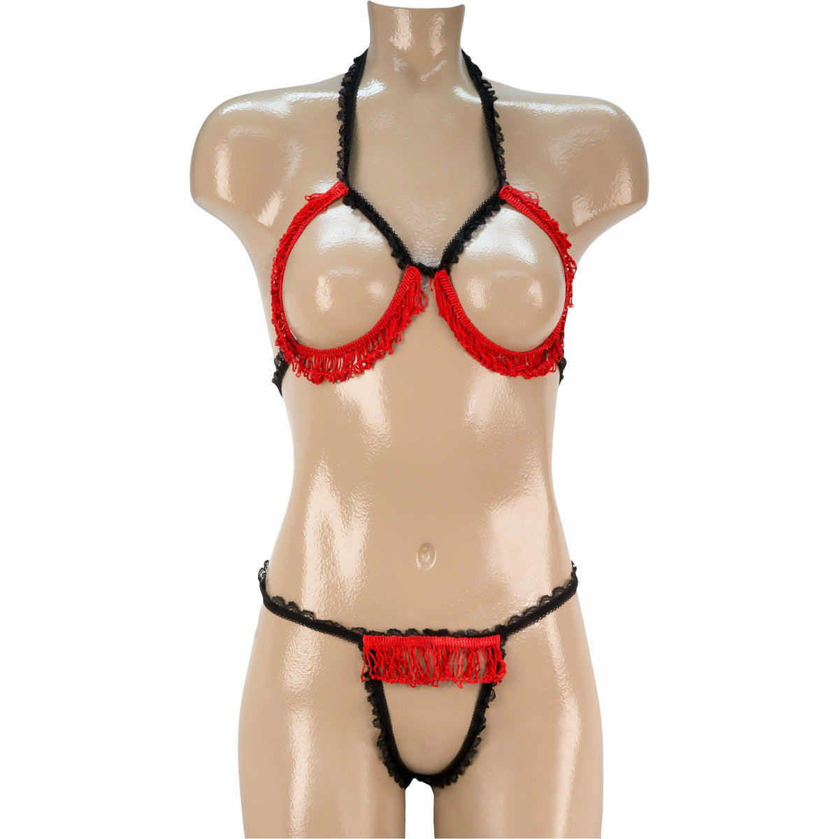 Sexy 2 PC Open Bra &amp; Crotchless Panty Set - Black with Red - O/S