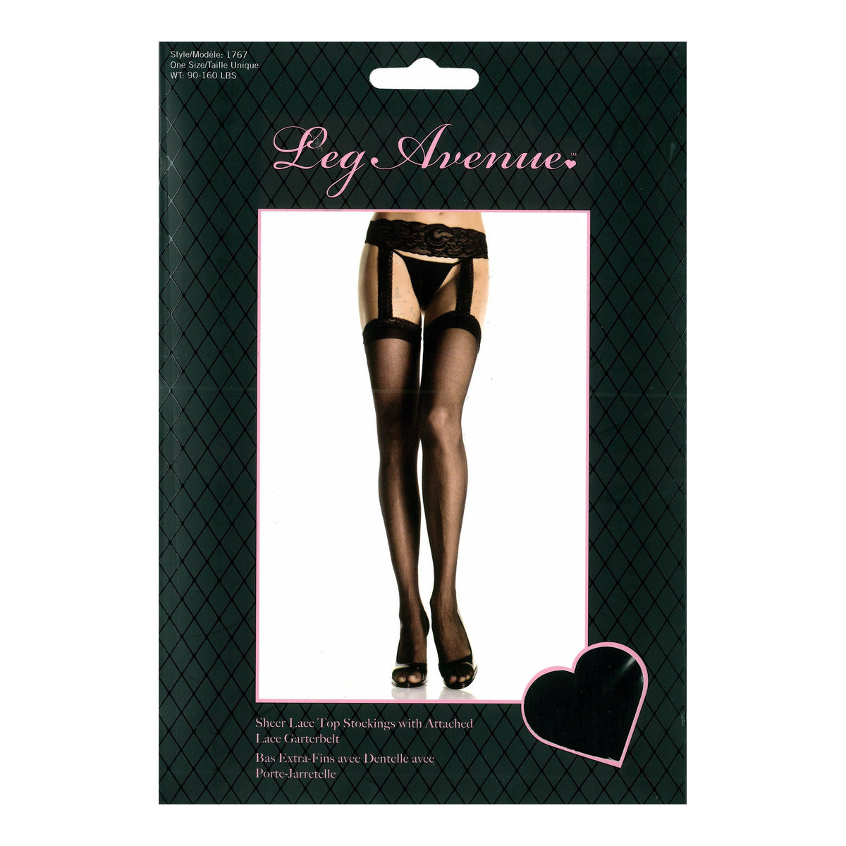 Leg Avenue Sheer Lace Top Stockings with Attached Lace Garterbelt - Black - One Size
