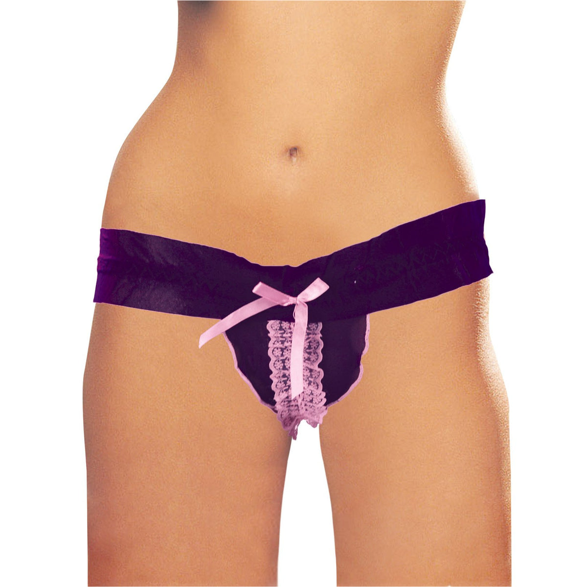 Cherry Wear Open Bum Sheer Thong, Lace Trim &amp; Bow - Purple and Pink