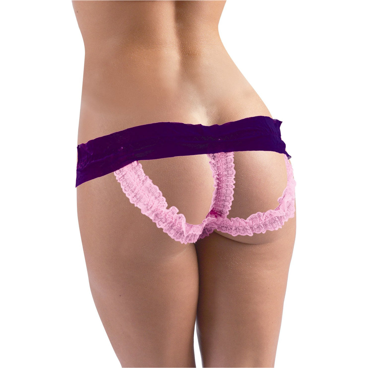 Cherry Wear Open Bum Sheer Thong, Lace Trim &amp; Bow - Purple and Pink