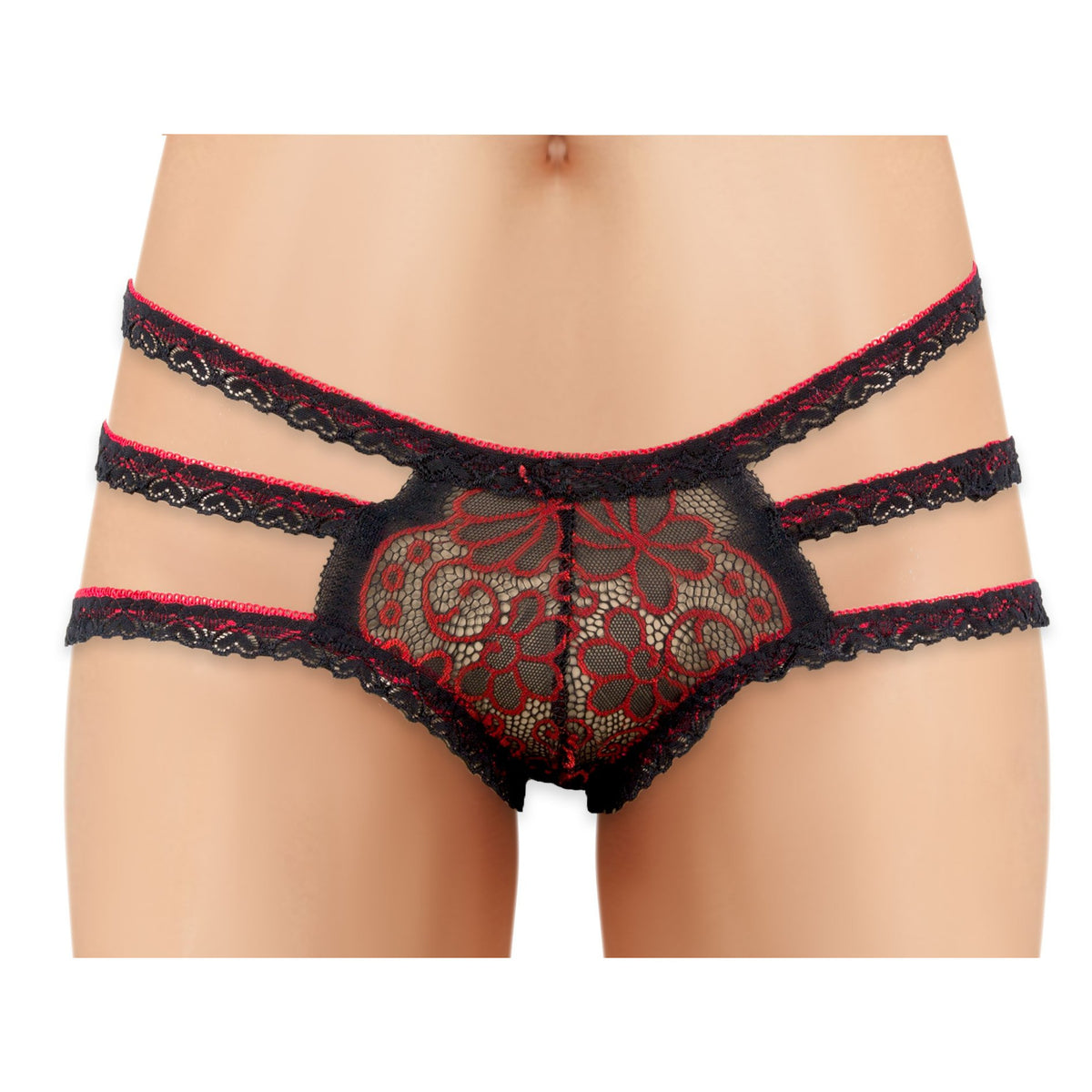 Cherry Wear Lace Panty with Floral Design - Red - O/S