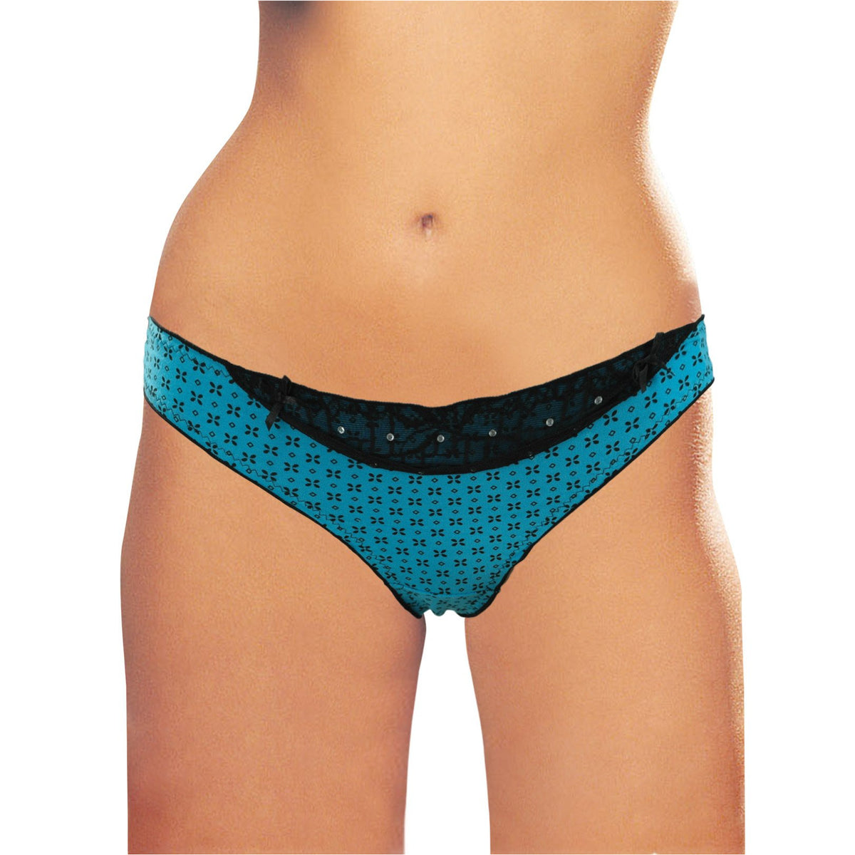 Cherry Wear Pattern Print Thong with Lace Trim, Diamonds &amp; Side Bows - Teal - O/S