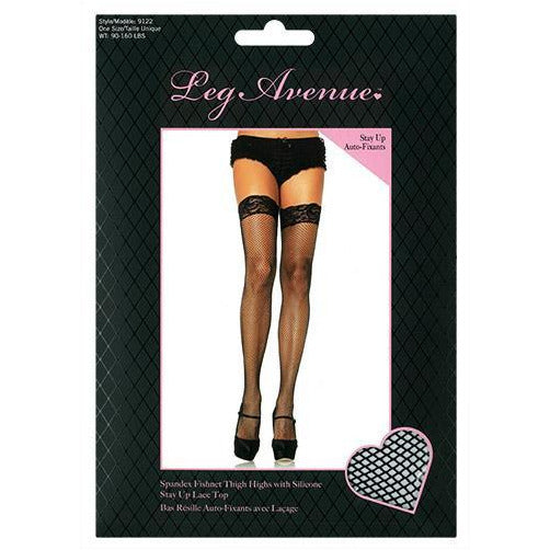 Leg Avenue™ Silicone Stay Up Lace Top Spandex Fishnet Thigh Highs – Black – O/S