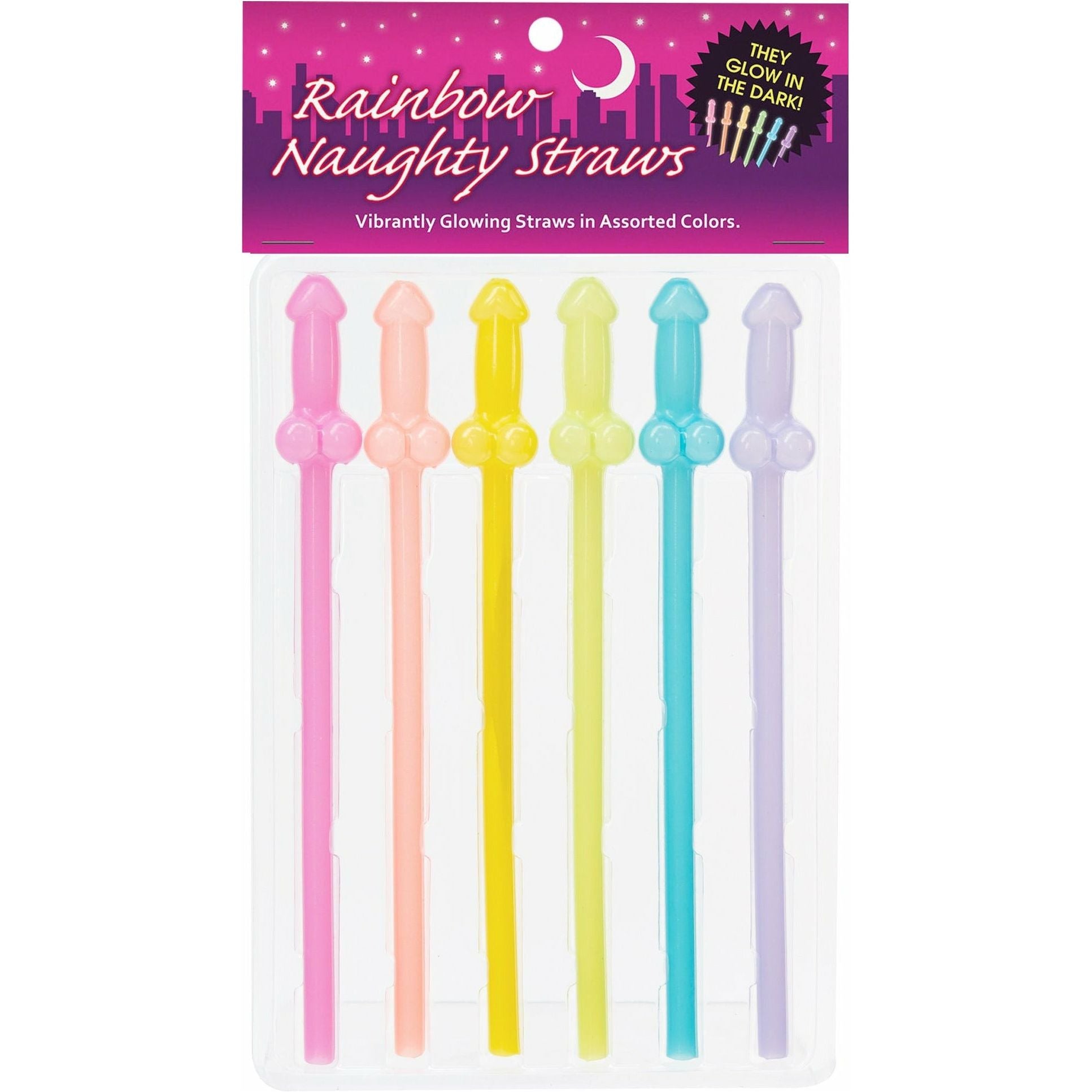 Glow In The Dark Rainbow Penis Straws - 6 Pack