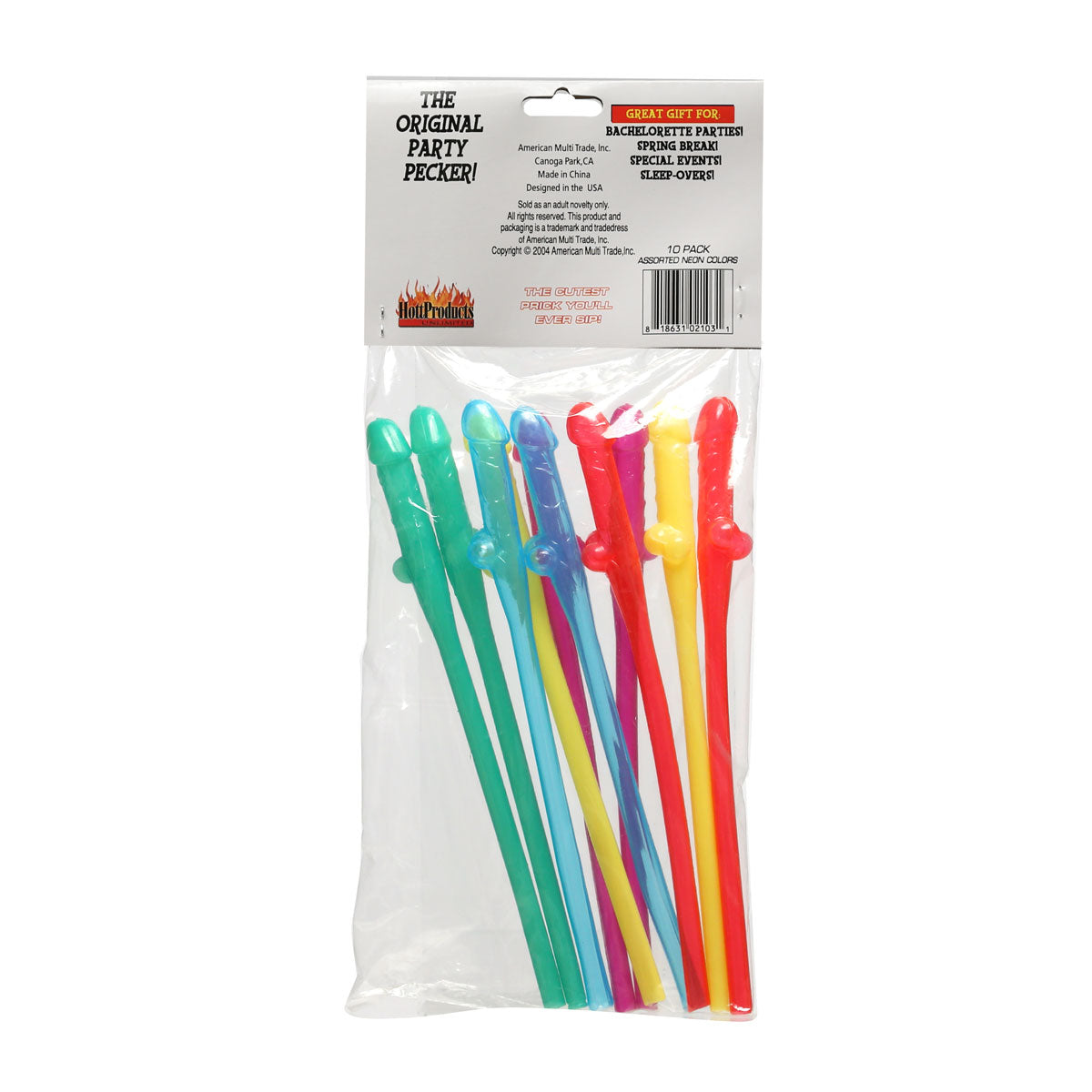Hott Products - Party Pecker Straws – 10 Pc – Assorted Neon Colours