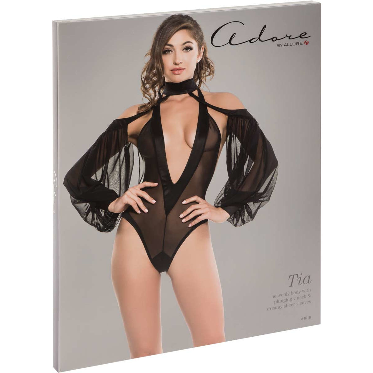Allure Adore - Tia Bodysuit with Sheer Sleeves - Black - Small