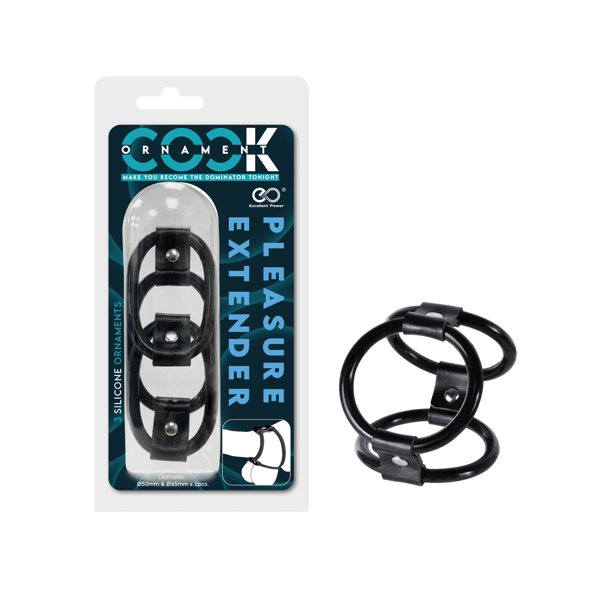 Excellent Power - Cock Ornament Pleasure Extender Silicone Triple Cock Ring – Black
