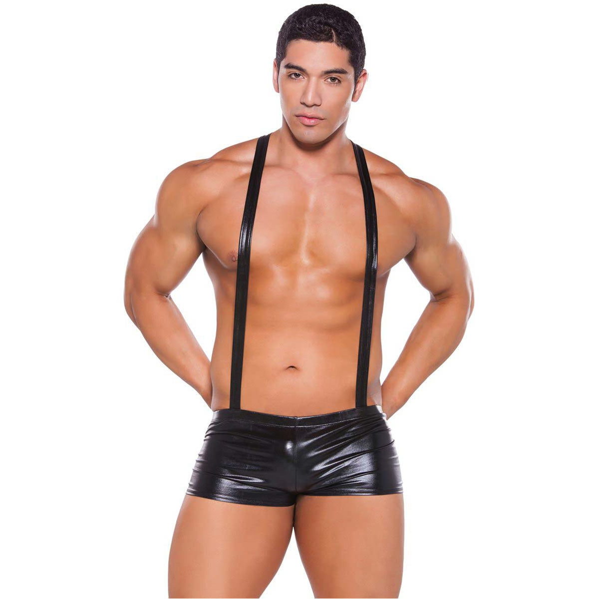 Allure Zeus - Wet Look Suspender Shorts - Black - O/S